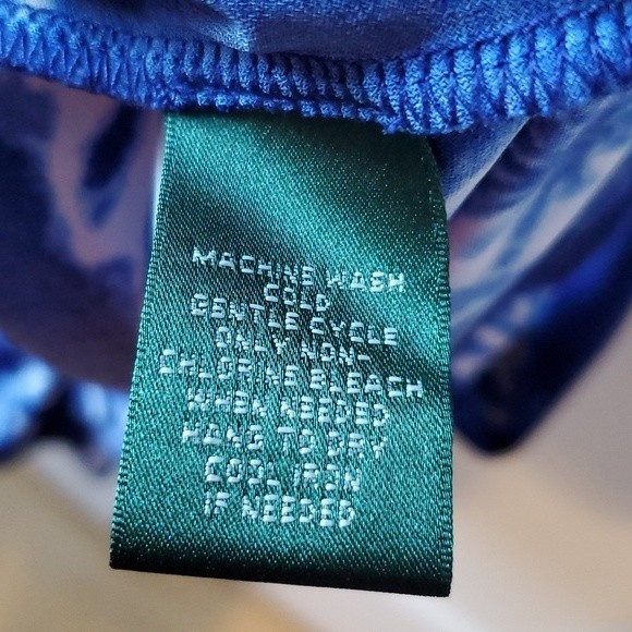 LAUREN RALPH LAUREN BLUE WHITE FLORAL STRETCH KNIT V-NECK RUCHED DRESS SIZE 12 - Picture 7 of 12